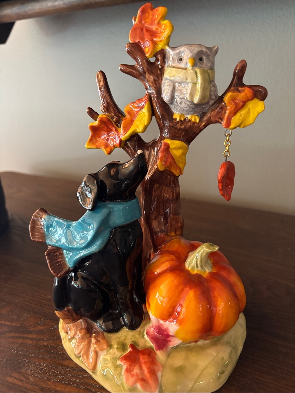 Blue Sky Clayworks Heather Goldminc Autumn Tree Black Lab Dog Owl Figurine 8.5"